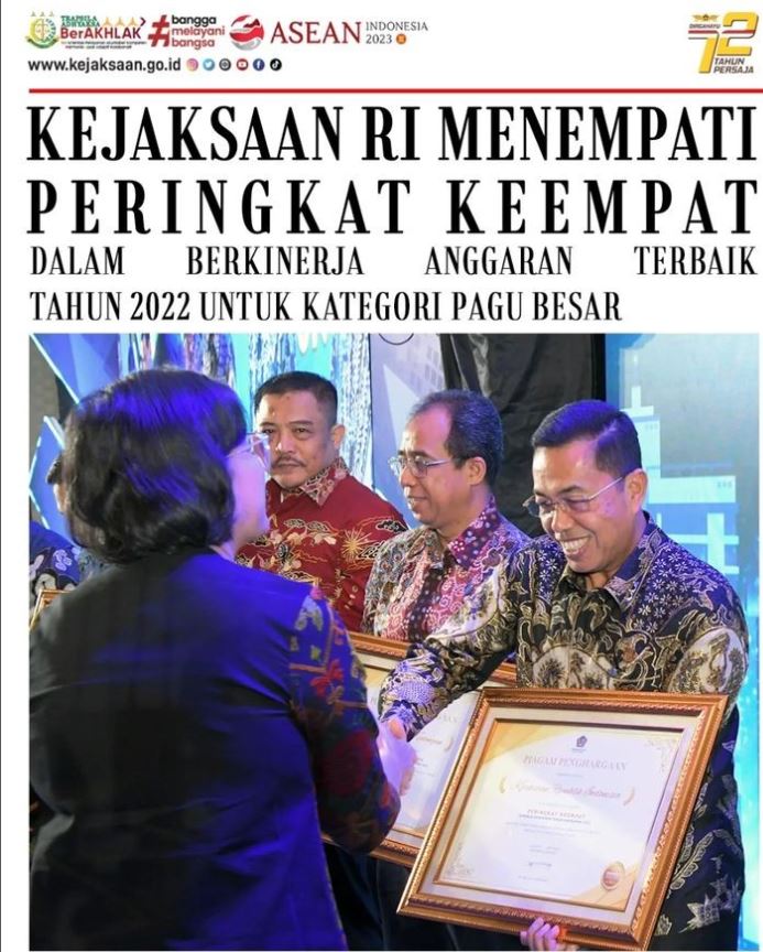 KEJAKSAAN RI MENEMPATI PERINGKAT KEEMPAT DALAM BERKINERJA ANGGARAN TERBAIK TAHUN 2022 UNTUK KATEGORI PAGU BESAR