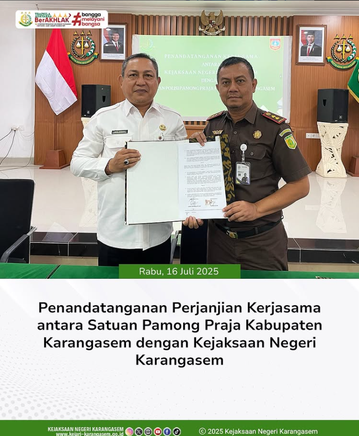 PENANDATANGANAN PERJANJIAN KERJASAMA ANTARA SATUAN PAMONG PRAJA KABUPATEN KARANGASEM  DENGAN KEJAKSAAN NEGERI KARANGASEM