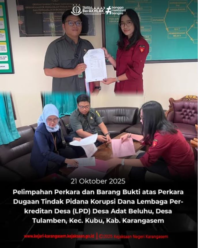 PELIMPAHAN PERKARA BESERTA BARANG BUKTI ATAS DUGAAN TINDAK PIDANA KORUPSI DANA LEMBAGA PERKREDITAN DESA (LPD) DESA ADAT BELUHU, DESA TULAMBEN, KECAMATAN KUBU, KABUPATEN KARANGASEM, KE PENGADILAN TINDAK PIDANA KORUPSI DENPASAR