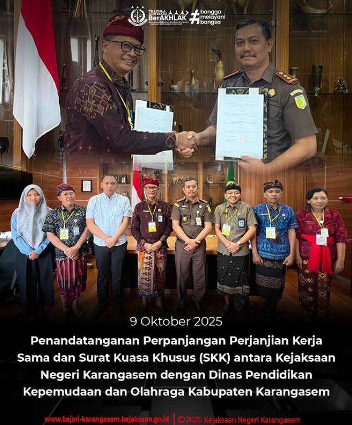 PERPANJANGAN PERJANJIAN KERJASAMA (PKS) ANTARA KEJAKSAAN NEGERI KARANGASEM DENGAN DINAS PENDIDIKAN KEPEMUDAAN DAN OLAHRAGA KABUPATEN KARANGASEM